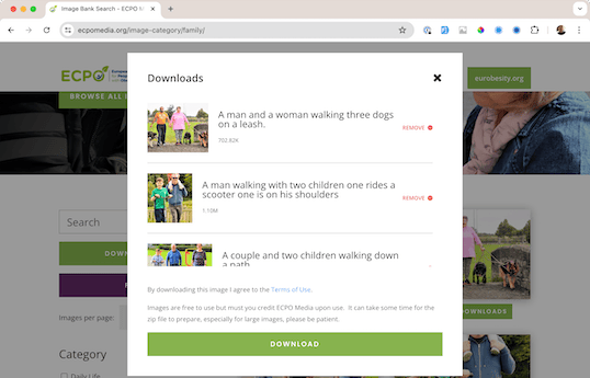 Screenshot of a webpage showing an open download dialog with three image options: a man and woman walking three dogs on a leash, a man with two children, one riding a scooter and the other on his shoulders, and a couple with two children walking down a path.
