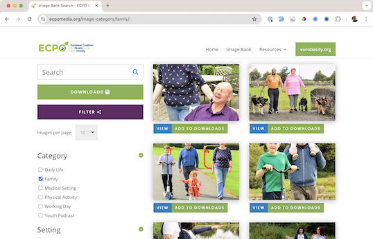 A webpage displaying an image bank with categories like Daily Life and Family. Various images show people engaging in activities like walking dogs, jogging, and relaxing on a park bench.